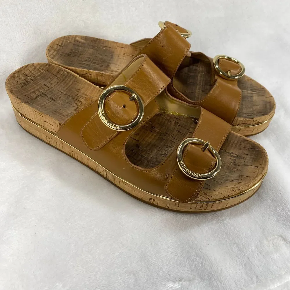 Michael Kors‎ Tan Leather Double Buckle Cork Platform Sandals Slides Sz 7-flaw